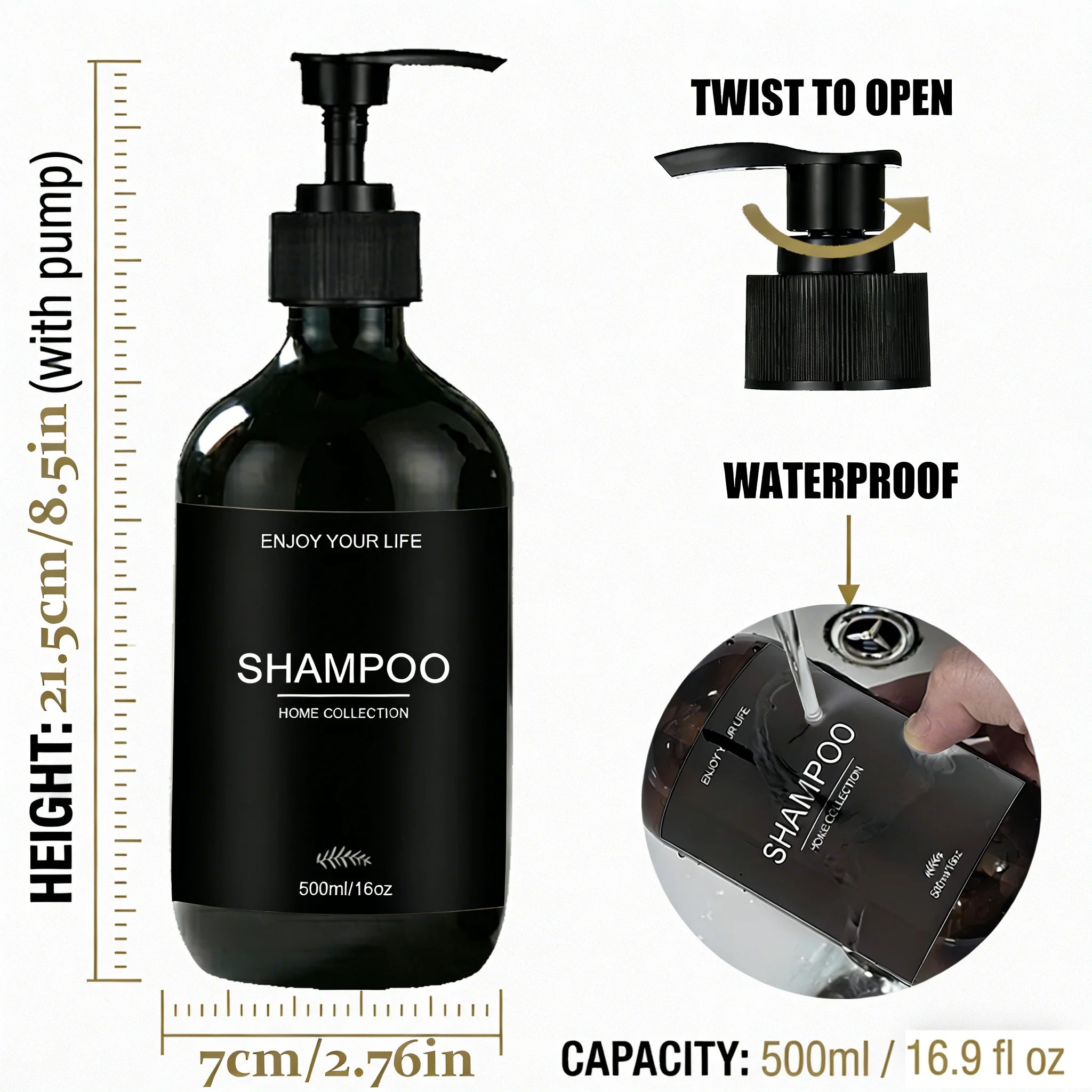 Shower Soap Dispenser Set Glossy Black Refillable Shampoo and Conditioner Body Wash Dispenser with Waterproof Labels Bathroom Qme