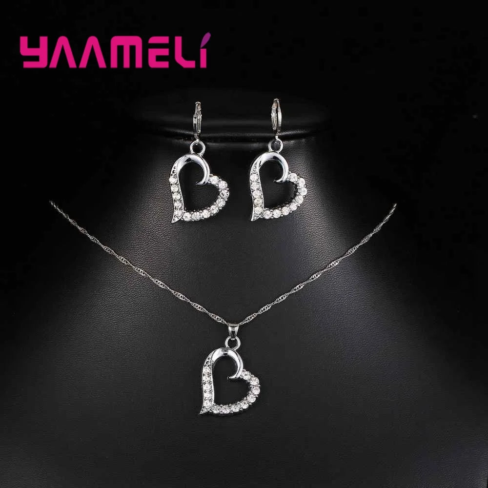 Birthday Valentines Gift Cubic Zircon Heart Pendant Jewelry Set 925 Sterling Silver Color Necklace Earring Women Wedding Sets Qme