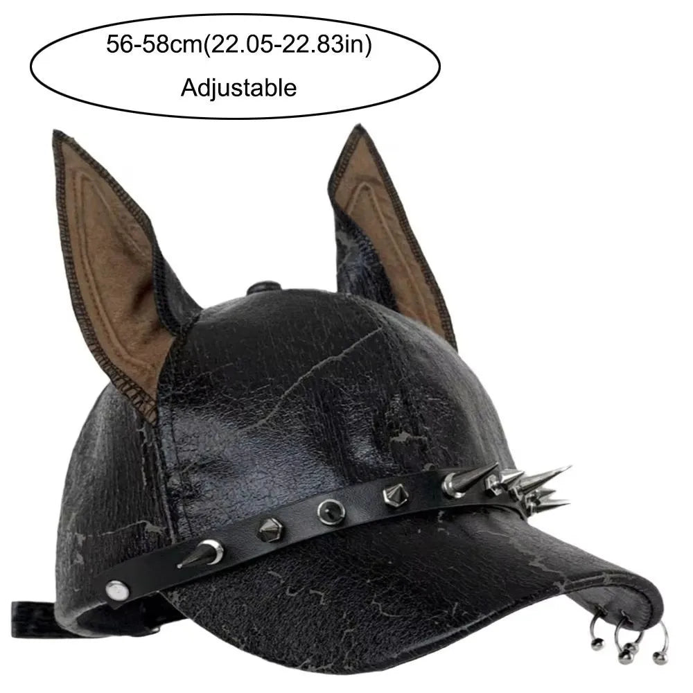 Multifunction Solid Dog Ears Baseball Cap PU Punk Style Leather Baseball Cap Sunshade Adjustable Sunshade Hat Spice Girl Qme