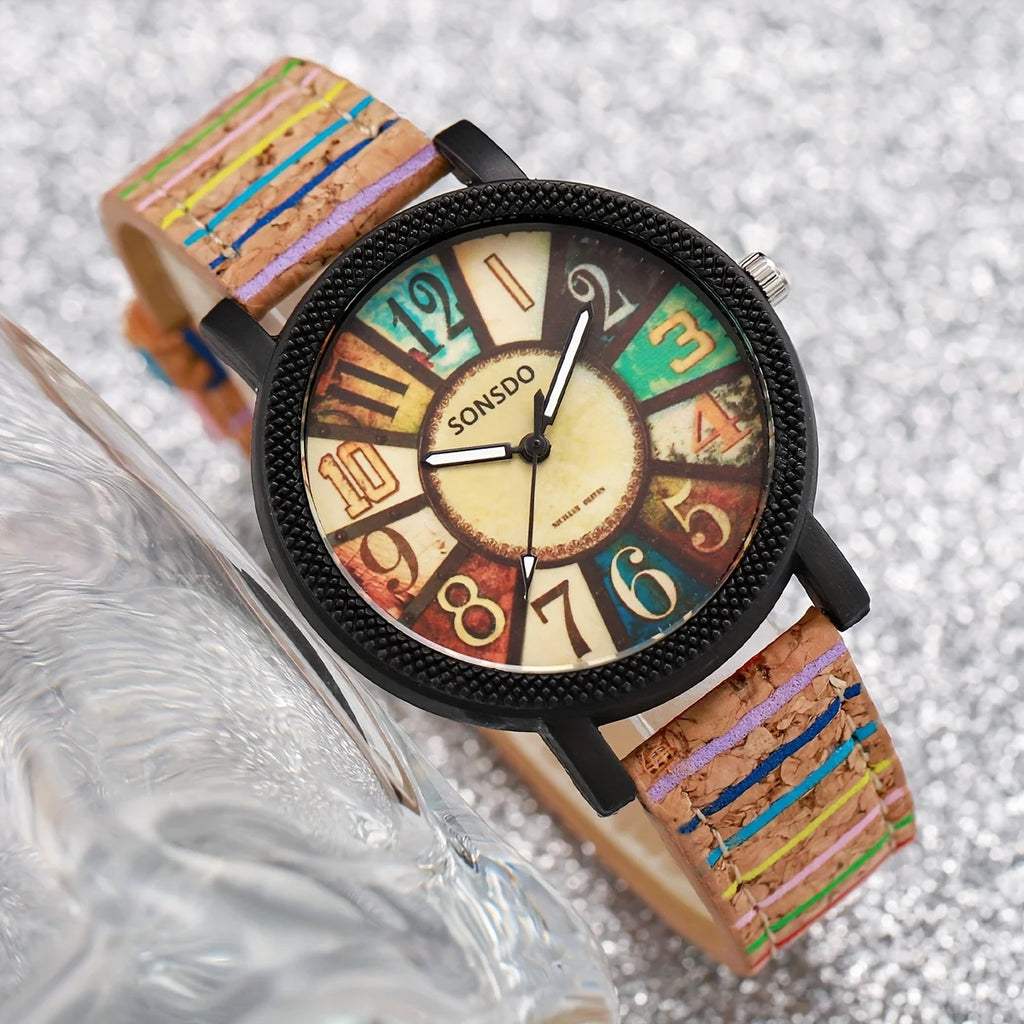 Ethnic Style Ladies Quartz Watch Colorful Cork Strap Matching Rainbow Tassel Bracelet Student Casual Jewelry Set Qme
