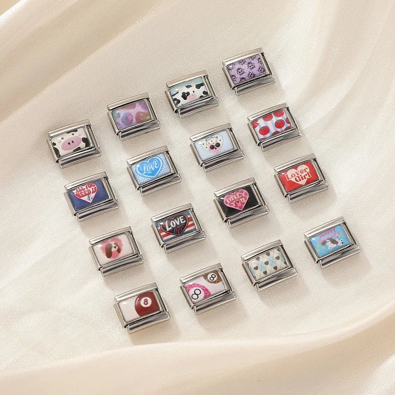 Pink Color Heart Puppy Dog Sunglasses Cat Bows Dot Italian Charm Link Fit 9mm Stainless Steel Bracelets DIY Making Jewelry Gifts Qme
