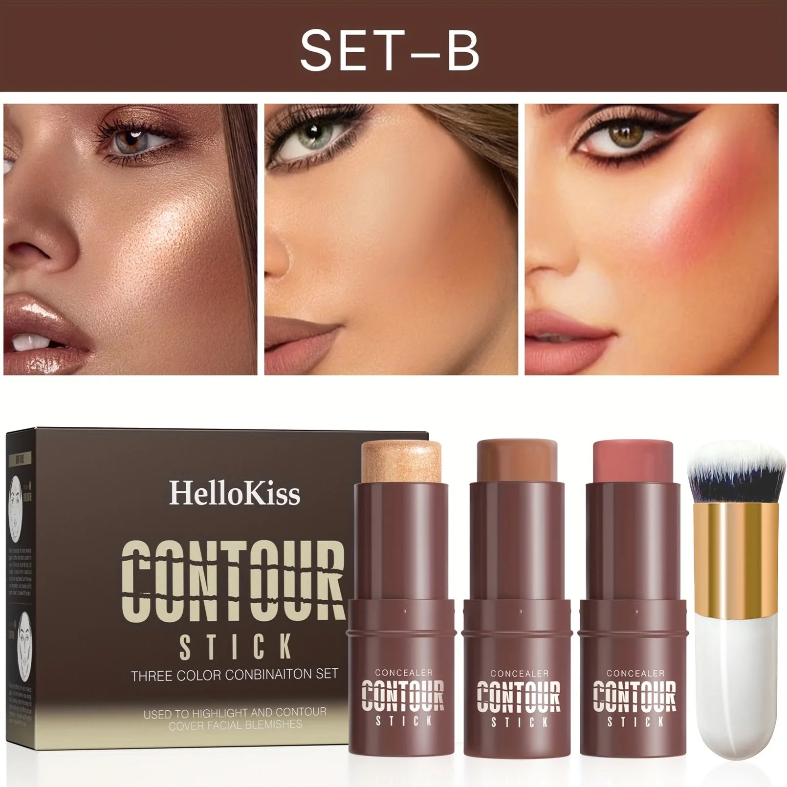 4pcs Contour Stick, Highlighter Stick, Blush Stick 4pcs Cream Contour Kit with Contour Brush, Create Face Contour, Non-greasy Qme 9517B-020-2