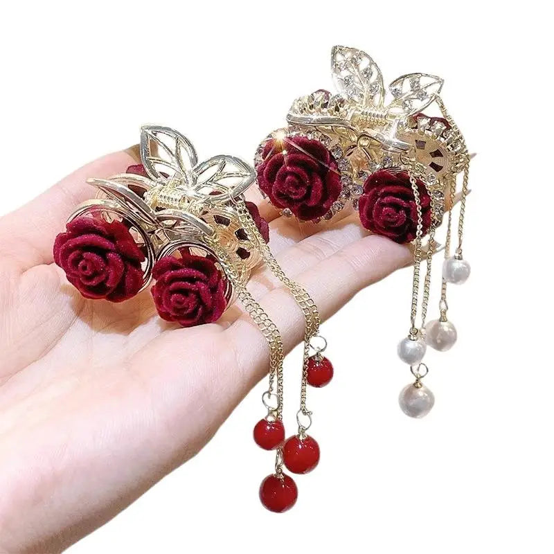 Vintage Elegant Red Flocked Rose Tassel Hair Clip Stylish Ponytail Qme
