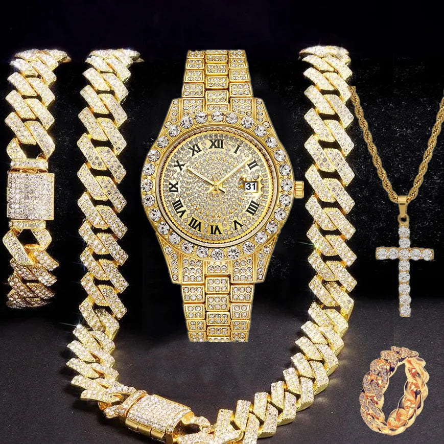 5pcs Men's Watch Set Hip Hop Full Diamond Quartz Watch Set Men's Business Quartz Watch Set Qme Gold