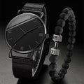 2 peças relógio masculino moda Roma relógios de quartzo pulseira de malha de aço conjunto de pulseira Qme black
