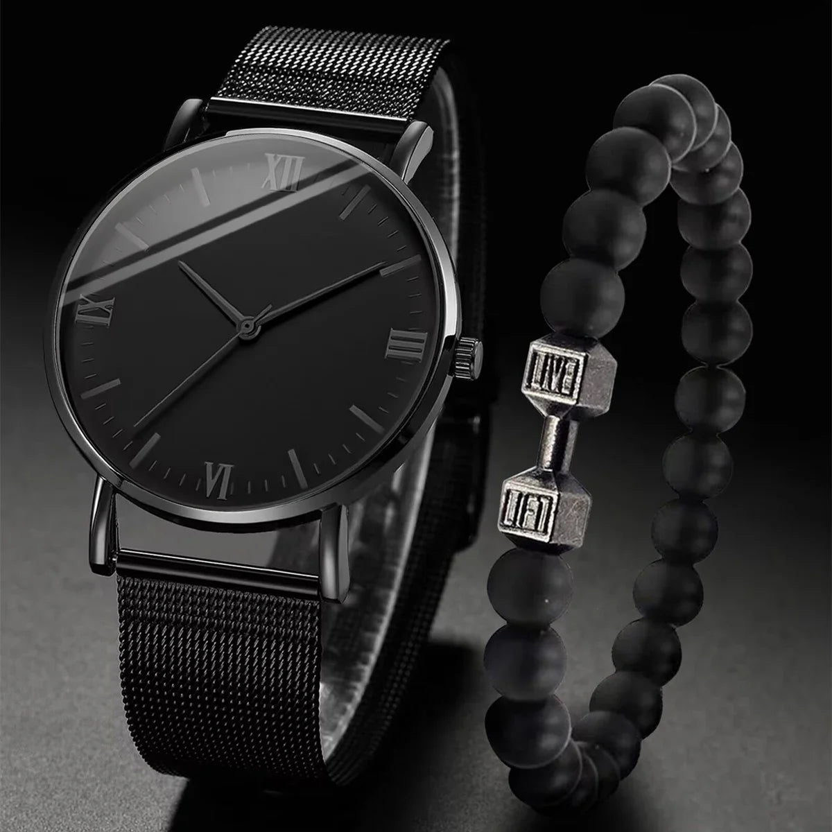 2 peças relógio masculino moda Roma relógios de quartzo pulseira de malha de aço conjunto de pulseira Qme black