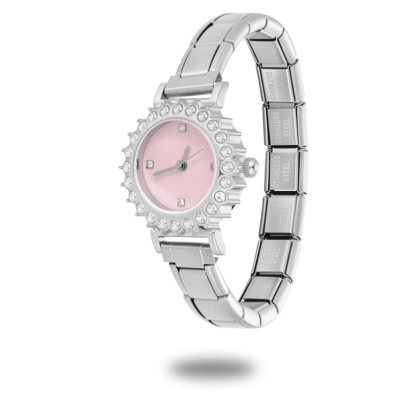 Fashion Women's Stainless Steel Round Shiny Zircon Watch DIY 9mm Width Bracelet Head For Party Friend Birthday DIY Jewelry Gift Qme S 30