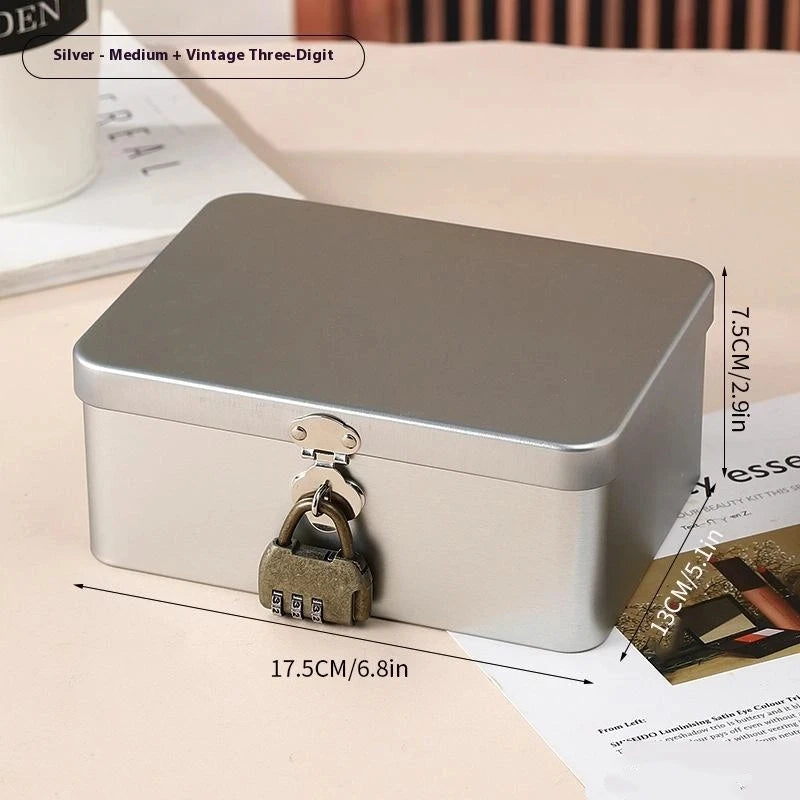 Silver Lockable Tin Storage Box Multifunctional Desktop Metal Jewelry Qme A6