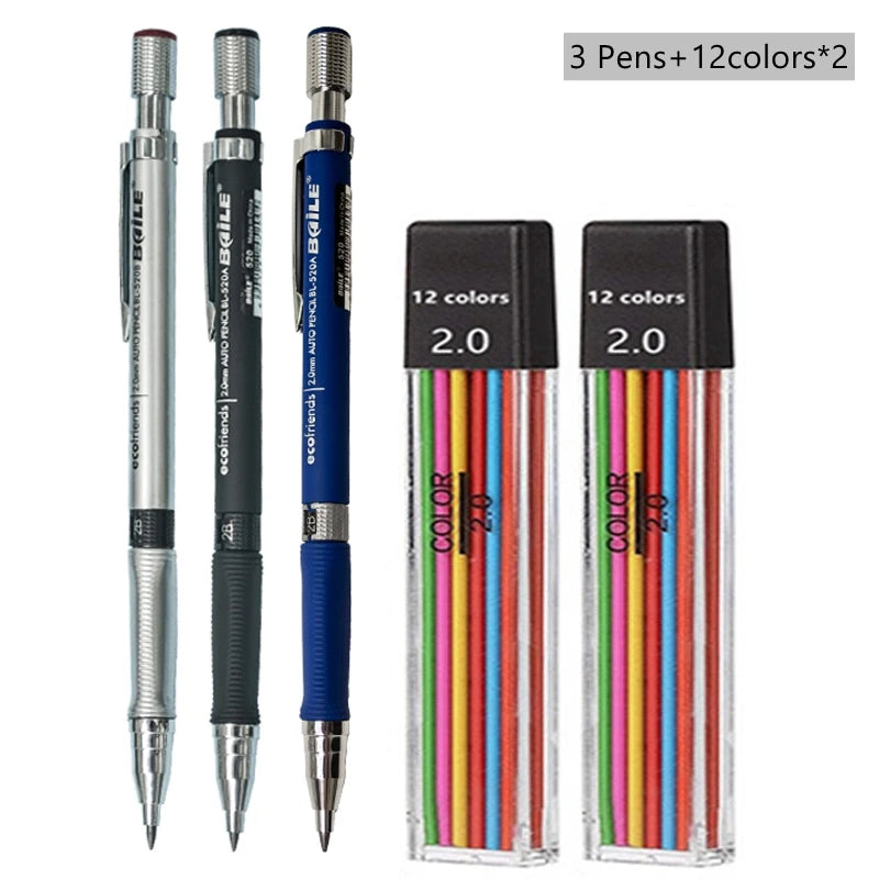 2.0mm Mechanical Pencil Set with 2B Black/Colors Lead Refill for Writing Sketching Art Drawing Painting School Automatic Pencil Qme Color Pencil set B