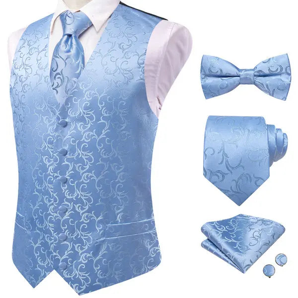 Blue Green V-Neck Paisley Waistcoat 5Pcs Set Vest Tie Bowtie Hanky Cufflinks Formal Suit Qme HT-MJTZ0144 XXXL