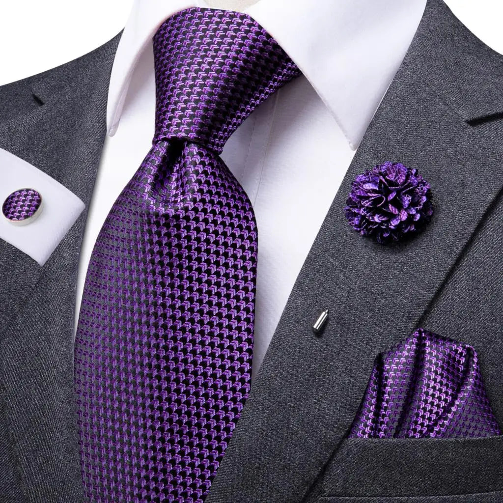 Purple Solid Mens Necktie Luxury Business Tie Hanky Cufflinks Brooch Qme N-3198-XH-0073