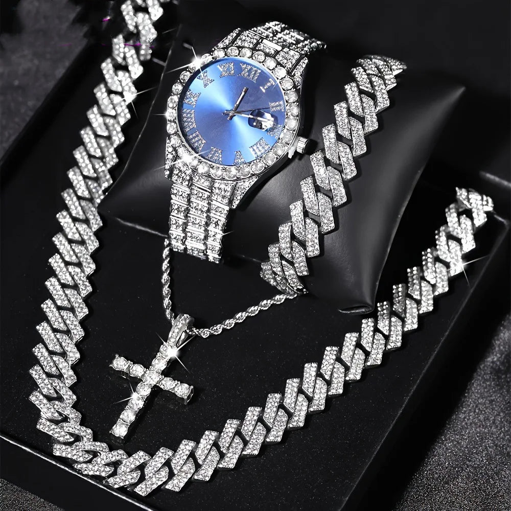 Men's Bling Jewelry Set: Iced Out Watch + Cuban Link Chain + Cross Pendant Necklace + Bracelet, 4Pcs Hip Hop Set Qme Bronze