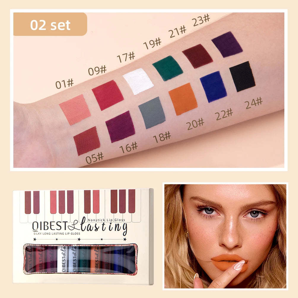 QIBEST 12 Colors Matte Lipgloss Sets Waterproof Liquid Lipstick Makeup Lip Color Long Lasting Sexy Red Pink Nude Lipgloss Makeup Qme