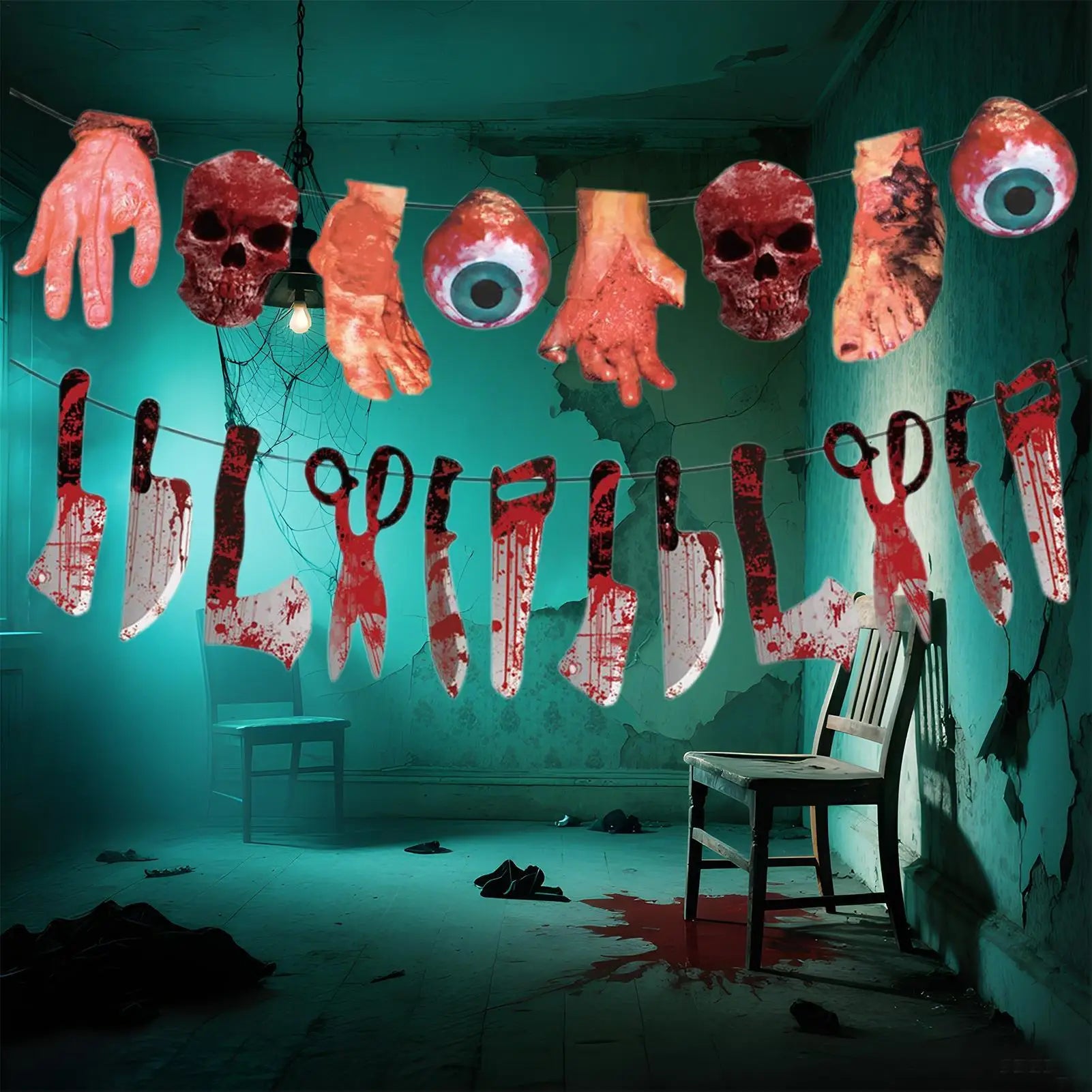 Halloween Banner 2025 Broken Hands Feet Horror Hangable Bloody Qme