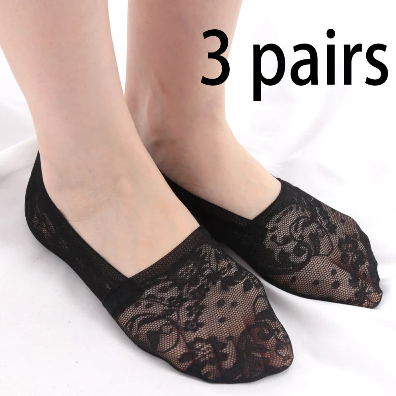 3 Pairs Women Girls Summer Thin Breathable Silicone Non-slip Ladies Qme black 3 Pairs