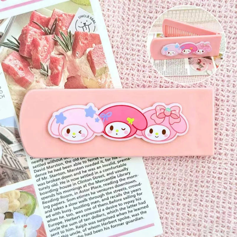 Cute Mini Hello Kitty Comb Cartoon-Style Folding Bangs Comb Portable Fine-Tooth Comb with Mirror Qme