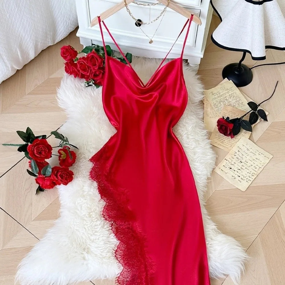 Elegant Split Women Nightgown Beauty-back Spaghetti Strap Lace Pajama Qme Red S