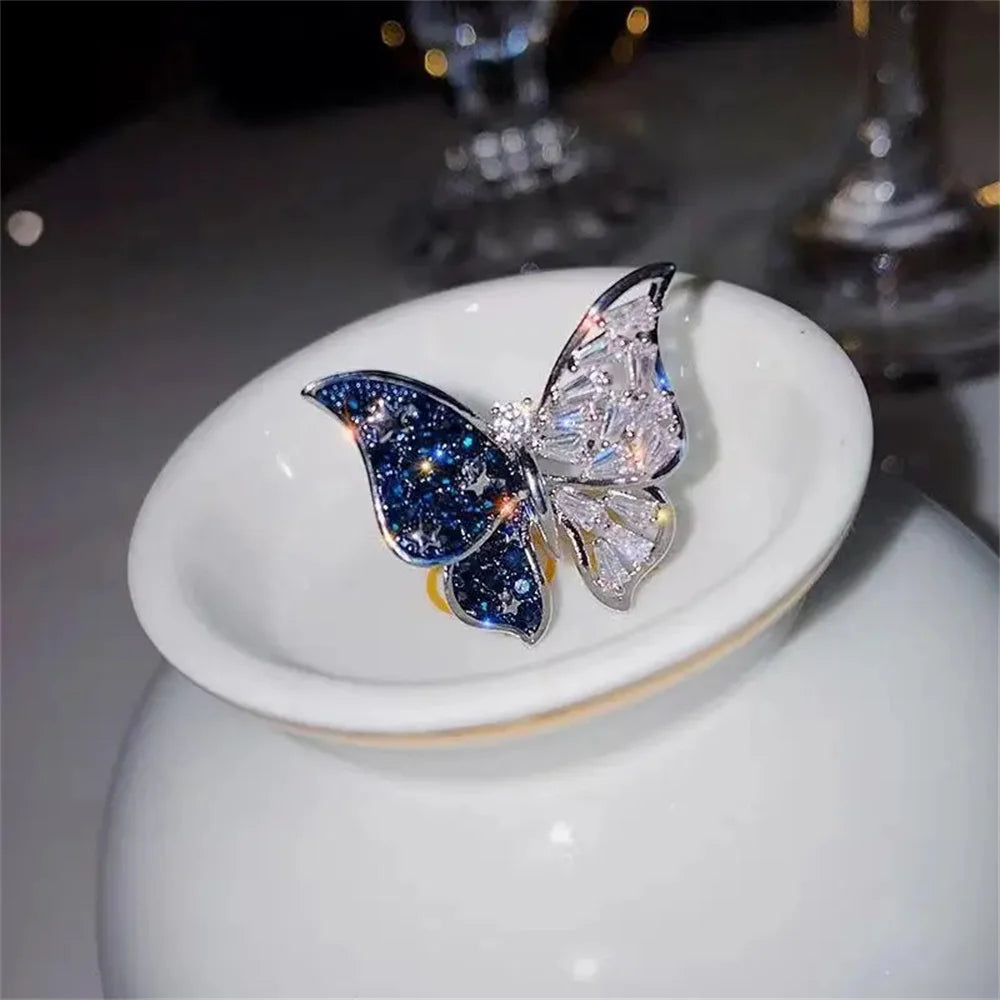 Exquisite Ice Blue Butterfly Open Ring, Fashionable Women's Simple Style Jewelry Party Cocktail Party Accessories Qme 2 resizable