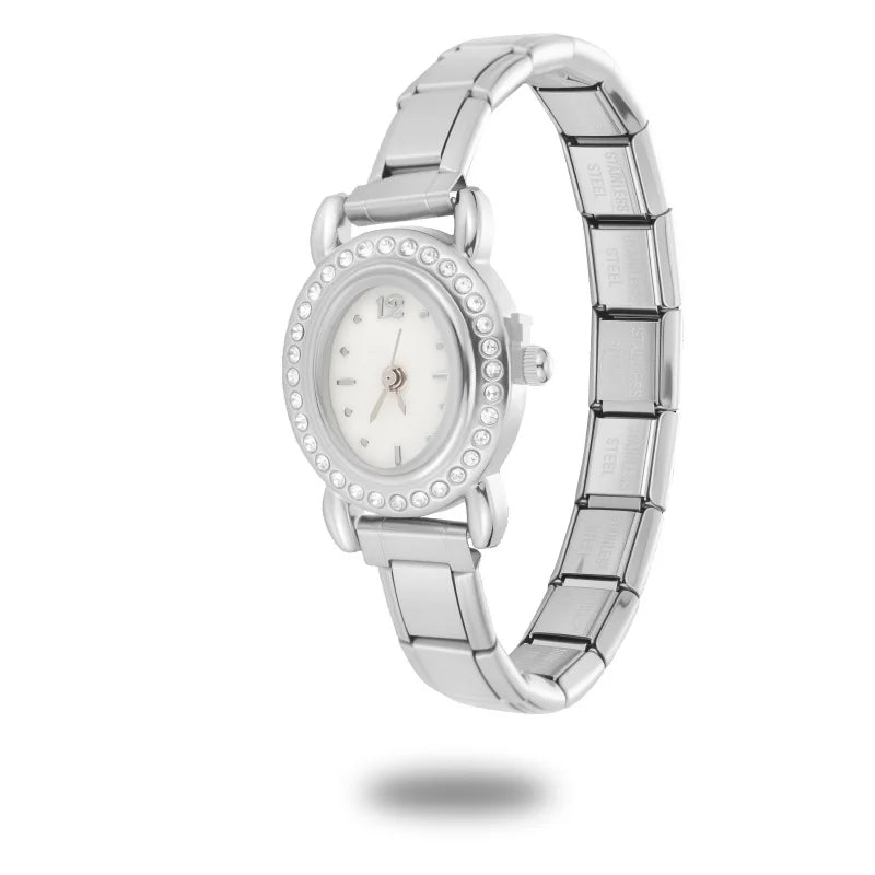 2025New Vintage High Quality Oval Inlaid Zircon Stainless Steel Watch Bracelet Women's 9MM DIY Italian Charm Bangle Jewelry Gift Qme Style 24