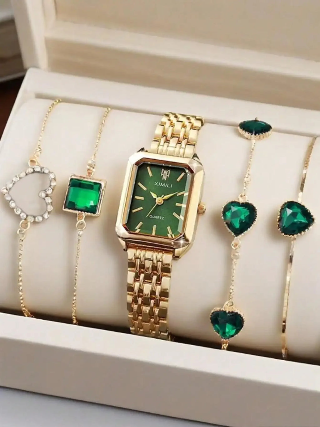 Retro Emerald Green Rectangular Gold Watch Dainty Heart Crystal Stack Bracelet Set Qme