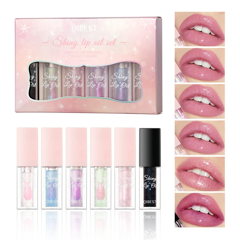 QIBEST Shimmer Lip Oil Gloss Sets Lip Plumper Moisturizing Makeup Color Change Lipgloss Glitter Tint Lip Balm Glossy Cosmetics Qme Lip oil set