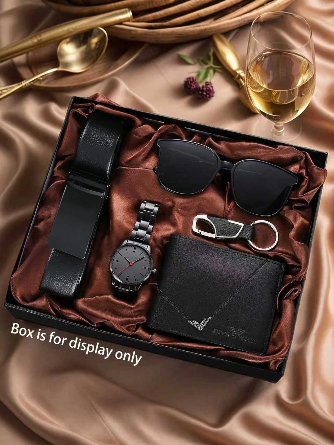 Luxury 5Pcs Men Gift Set Chronograph Watch Leather Wallet Belt Sunglasses Keychain Qme Ivory