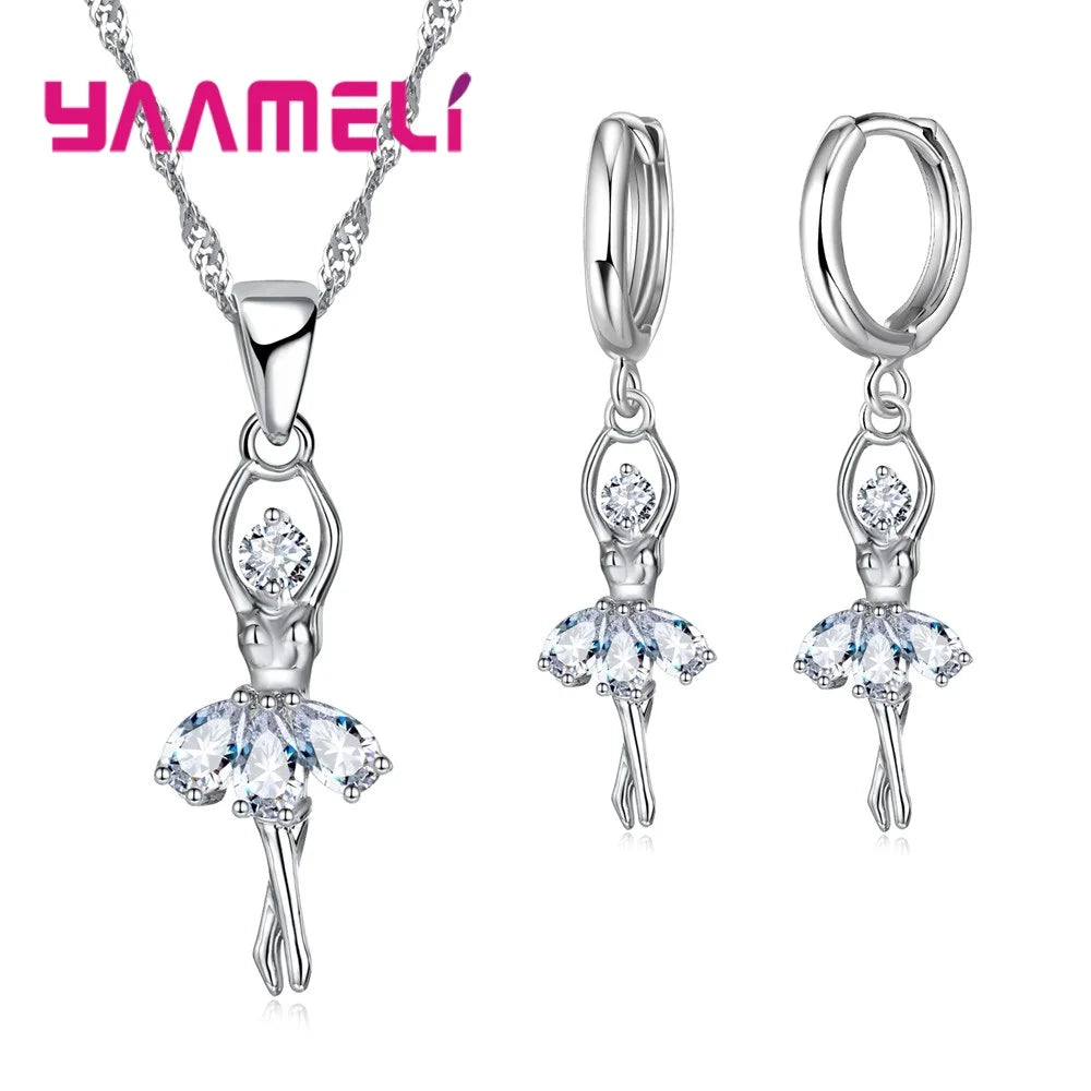 High-End Women Jewelry Sets Ballet Girls Figure Lady Usual 925 Sterling Silver Color Necklace And Hoop Earrings Accessory Qme