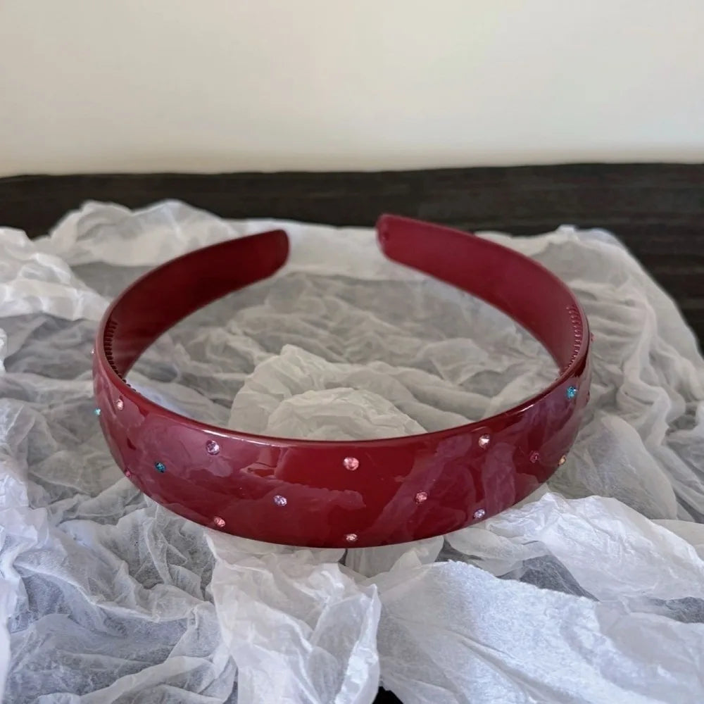 Luxury Colorful Acrylic Rhinestone Headbands Leopard Print Non-slip Wide Hair Hoops Shiny Vintage Hair Accessories Daily Qme Red