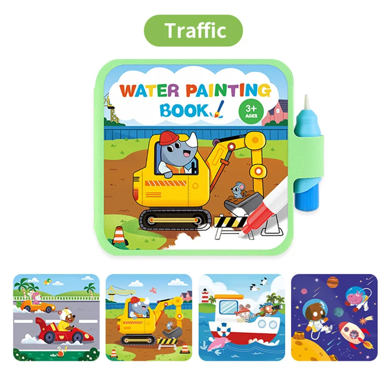 Reusable Water Drawing Doodle Book with Magic Pen, Kids Coloring Drawing Board, Early Educational Toy, Birthday Gift for Kids Qme Transportation