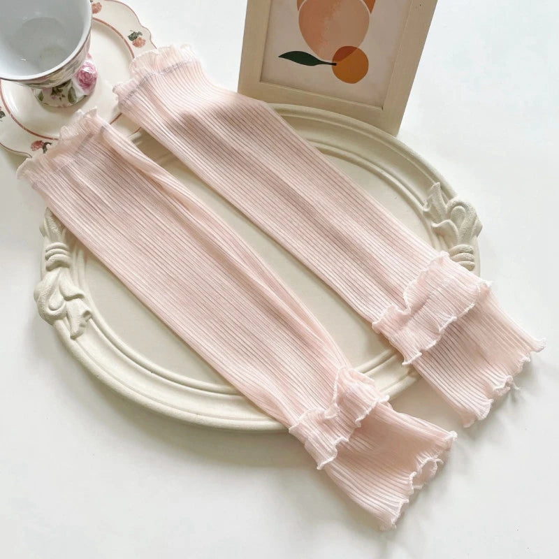 Women Long Fingerless Gloves Summer Sun Protection Lady Thin Lace Qme light pink One Size