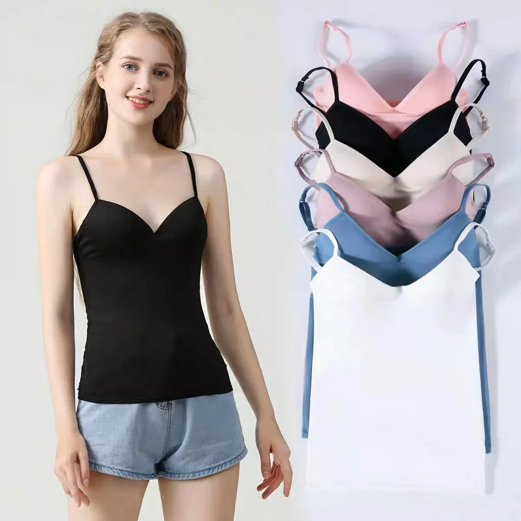 Adjustable Padded Bra Tank Top Women Modal Spaghetti Solid Cami Top Vest Female Camisole with Built in Bra Fitness Clothing Qme