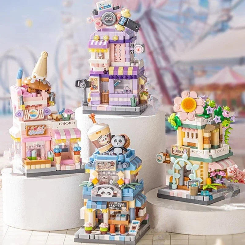 Restaurant Dessert Coffee Pet Fruit Store Street View Food House Building Blocks Kit Girls Bricks Model Kids Boy Toy Child Gifts Qme