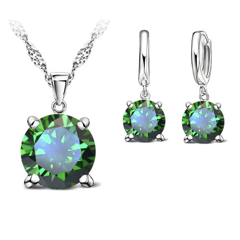 Real 925 Sterling Silver Color Earrings CZ Crystal Classic Round Earrings For Women Wedding Engagement Fashion Brand Jewelry Qme Green