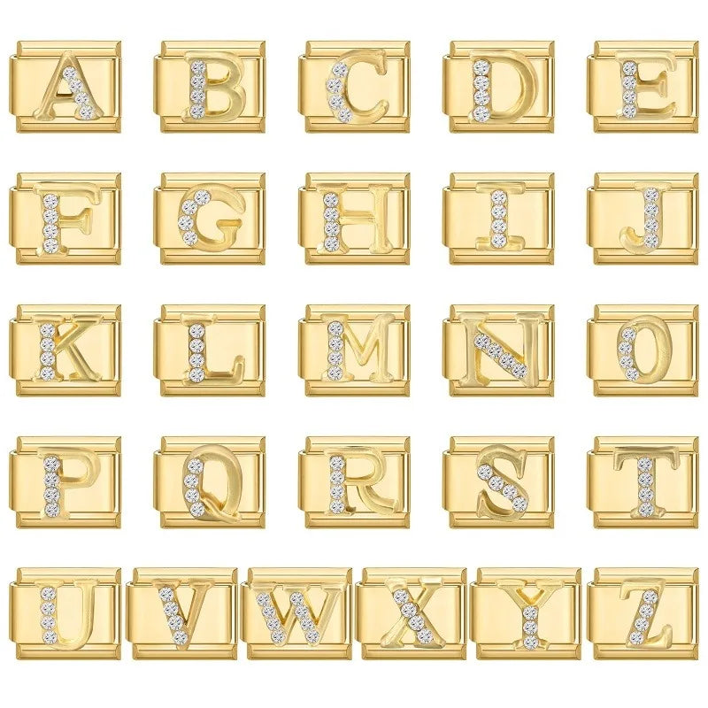 Wholesale Shiny CZ 26 Letters A-Z Gold Color Italian Charms Gold Plated 9mm Stainless Steel Modular Bracelet DIY Jewelry Gift Qme