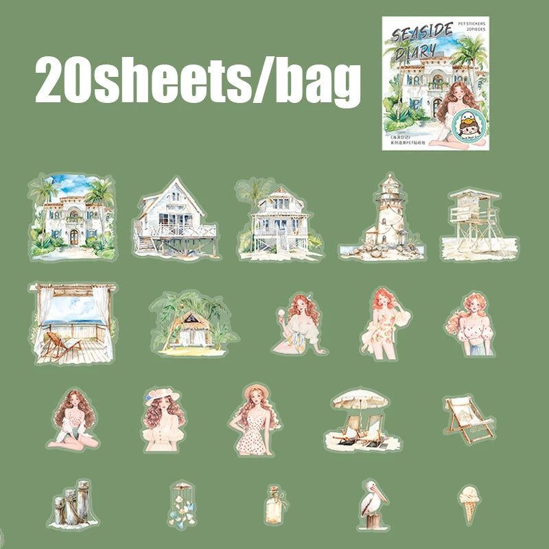 Vacation Girl & Scenery PET Sticker Pack, Journal Collage Decor, Toppa Decoration, Gift Wrapping & Multi-Purpose Stickers Qme A