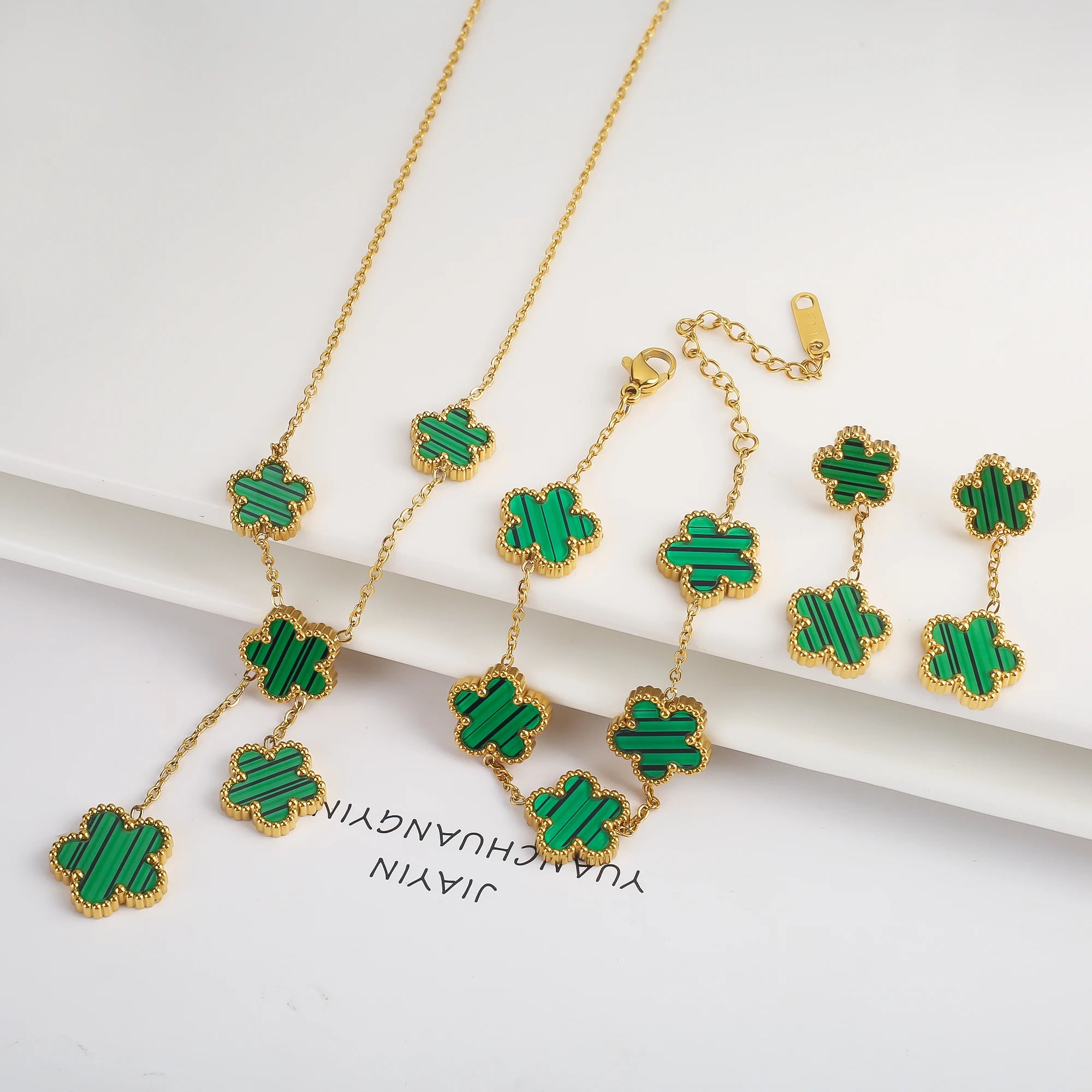 Clover Five Leaf Flower Stainless Steel Bracelet Necklace Earrings Jewelry Set Luxury for Women High Quality Party Jewelry Gift Qme 13