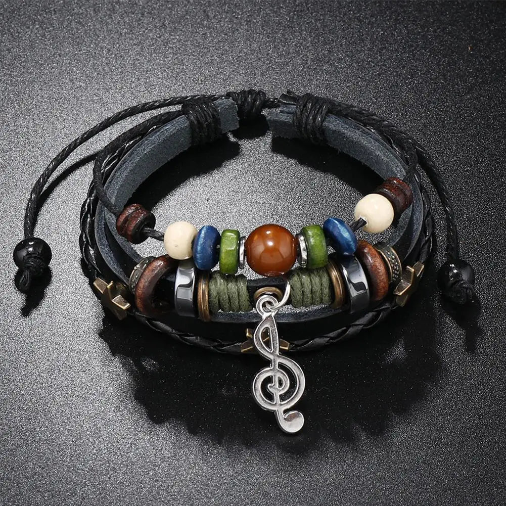 Handmade Hippie Design Brown Leather Bracelet Women Metal Star Note Charms Wood Button Beads Wrap Unisex Adjustable Bracelet Qme