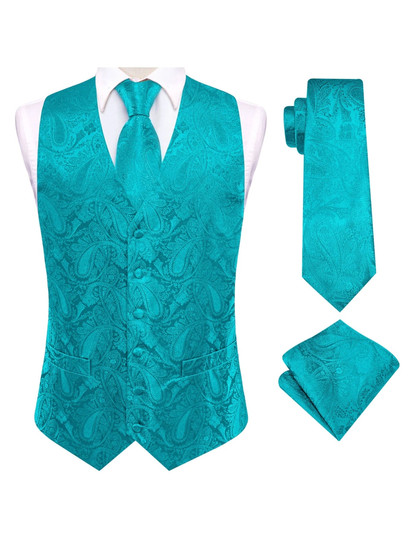 Blue Men Vest Three-Piece Suit Set, Dress Waistcoat with Tie and Pocket Square for Party Ceremony Qme