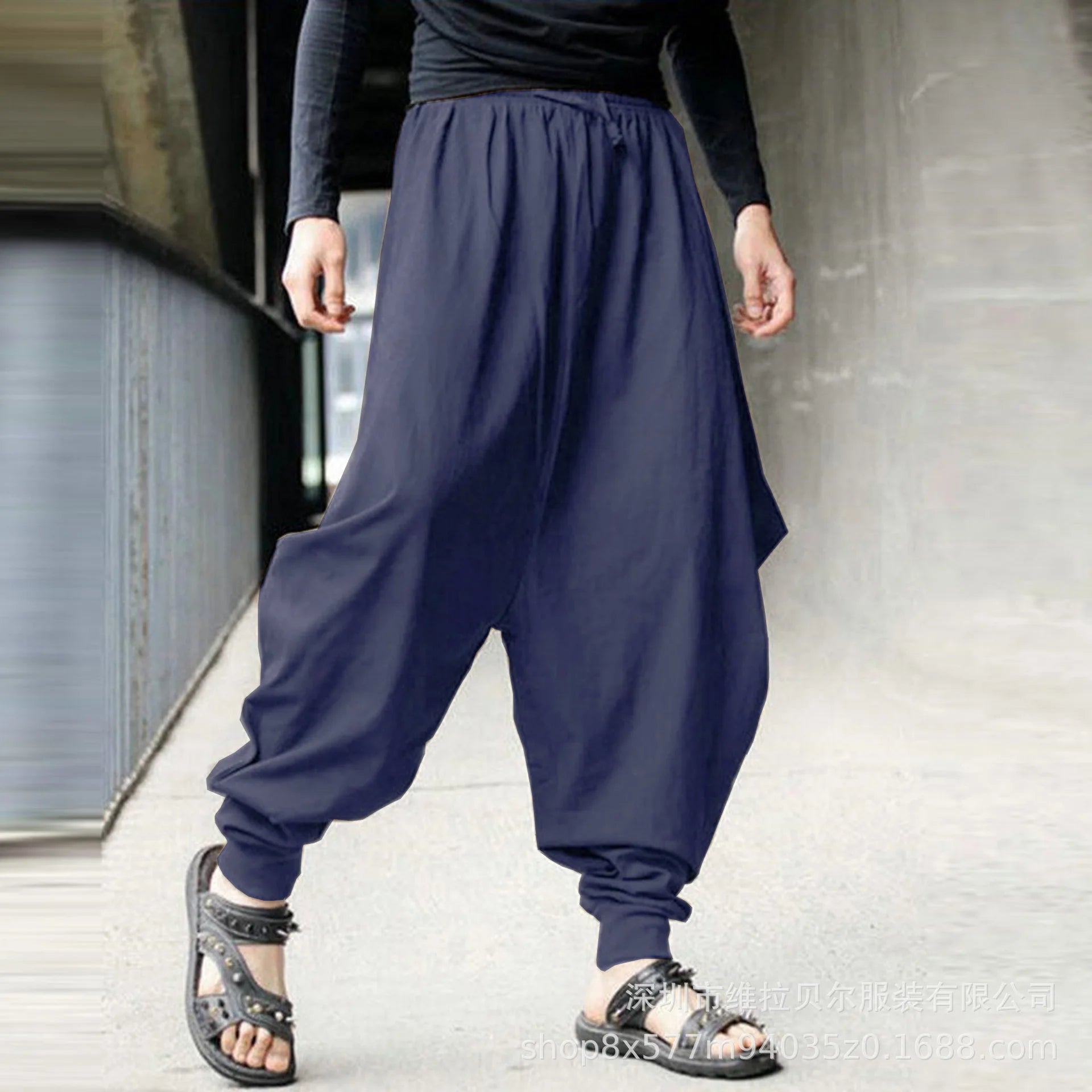 B Men Pants Solid Color Drawstring Joggers Casual Male Harem Pants Streetwear Loose Fashion Leisure Trousers Men S-5XL Qme navy blue XXXL
