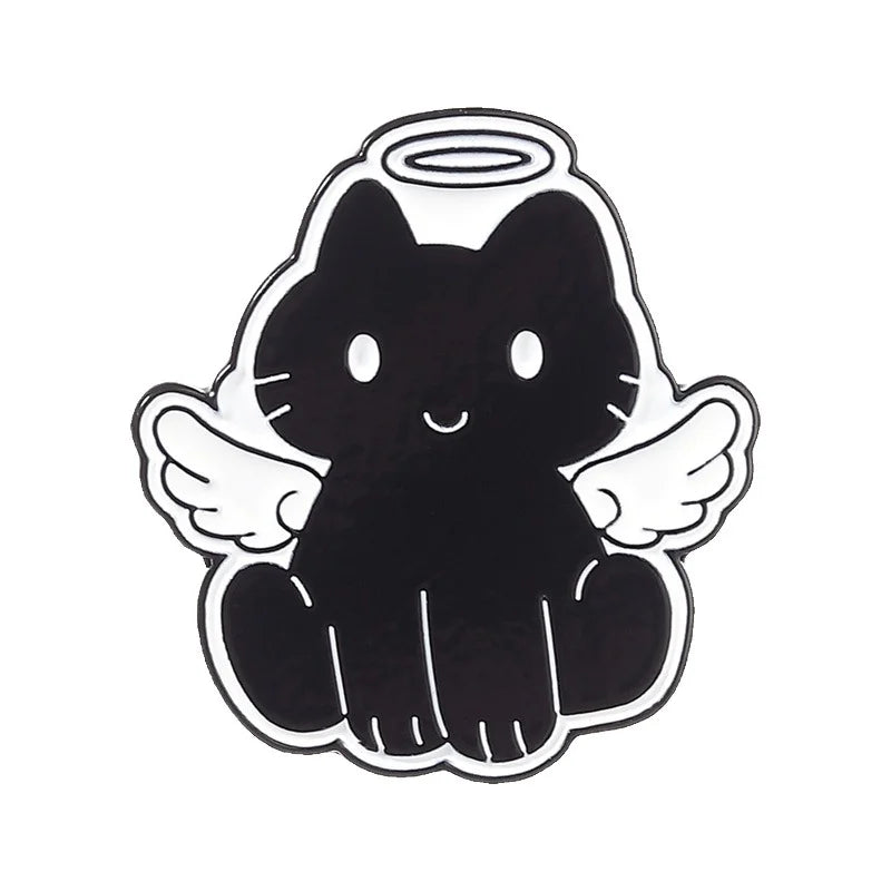 Cute Cartoon Angel And Devil Cat Enamel Pin Lovely Dual Style Kitten Metal Brooch For Backpack Decor Collection Holiday Gifts Qme style1-black