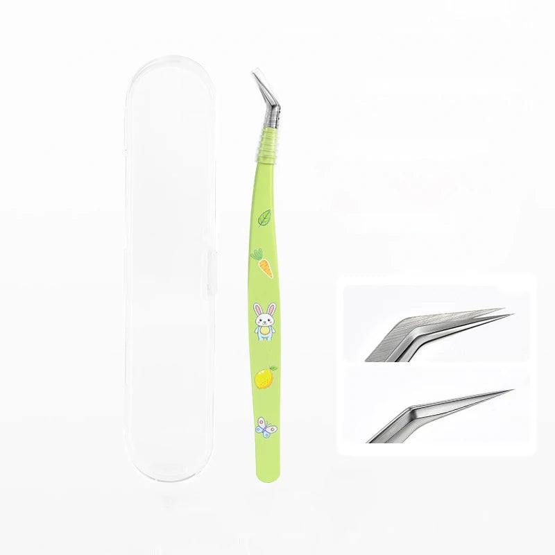 Stainless Steel False Eyelash Tweezers Straight Head Elbow Lash Qme Green