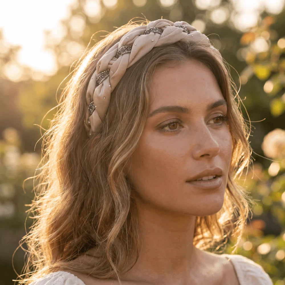 Wide Brim Rhinestone Headband Soft Fabric Twisted Knotted High Cranial Hair Hoop Elegant Non-Slip Braided Hairband Women Qme