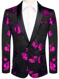 Men's Black Pink Floral Jacquard Shawl Lapel Blazer Single Breasted Qme XX-1114 XL