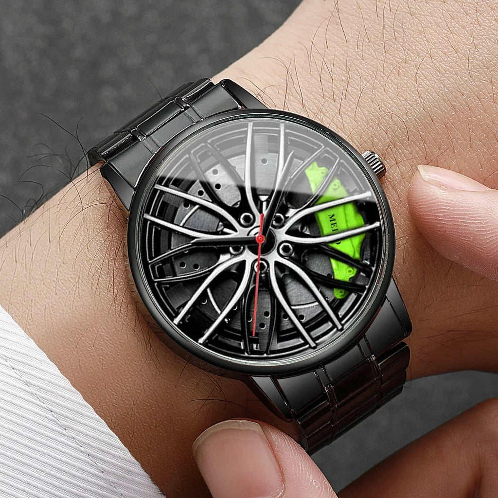 2 Pcs Fashion Men's Watches 3d Car Wheel Casual Sports Watch Stainless Steel Band Men's Wrist Watches Necklace Set (Without Box) Qme
