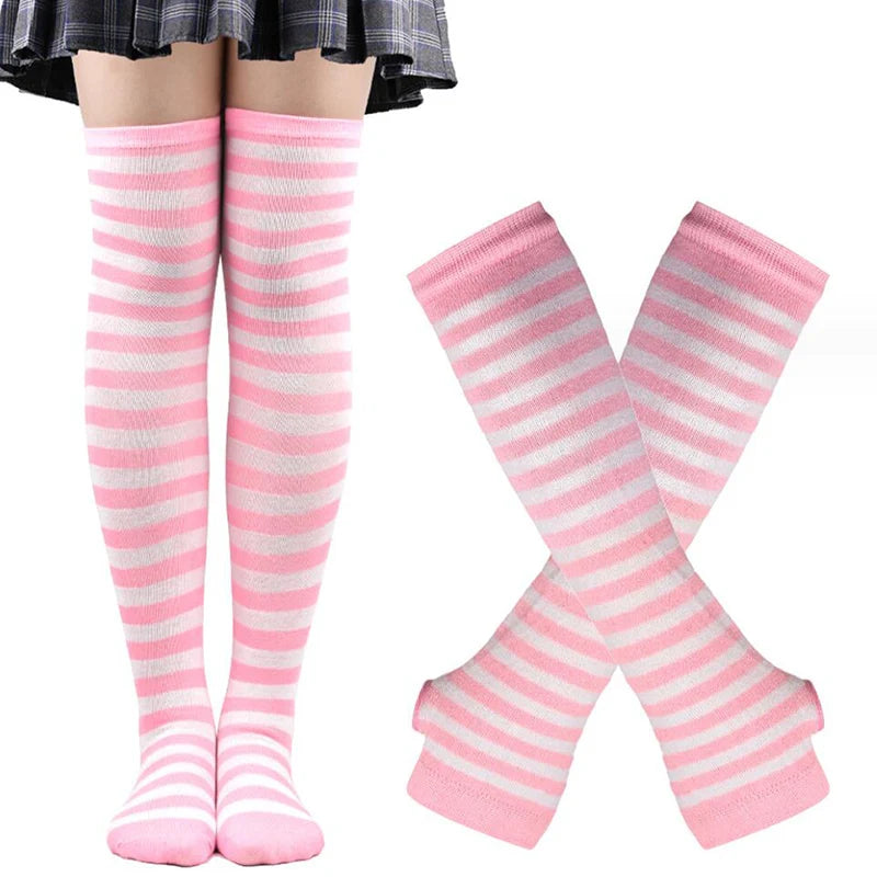 Women Girls Over Knee Long Stripe Thigh Cotton Gothic Lolita Socks Qme