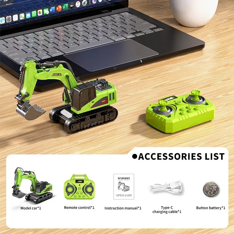 Bluetooth Remote Control Crane And Forklift two-in-one Desktop Mini Alloy Toy Car Model With Trailer Christmas Gift In Color Box Qme Green-excavator