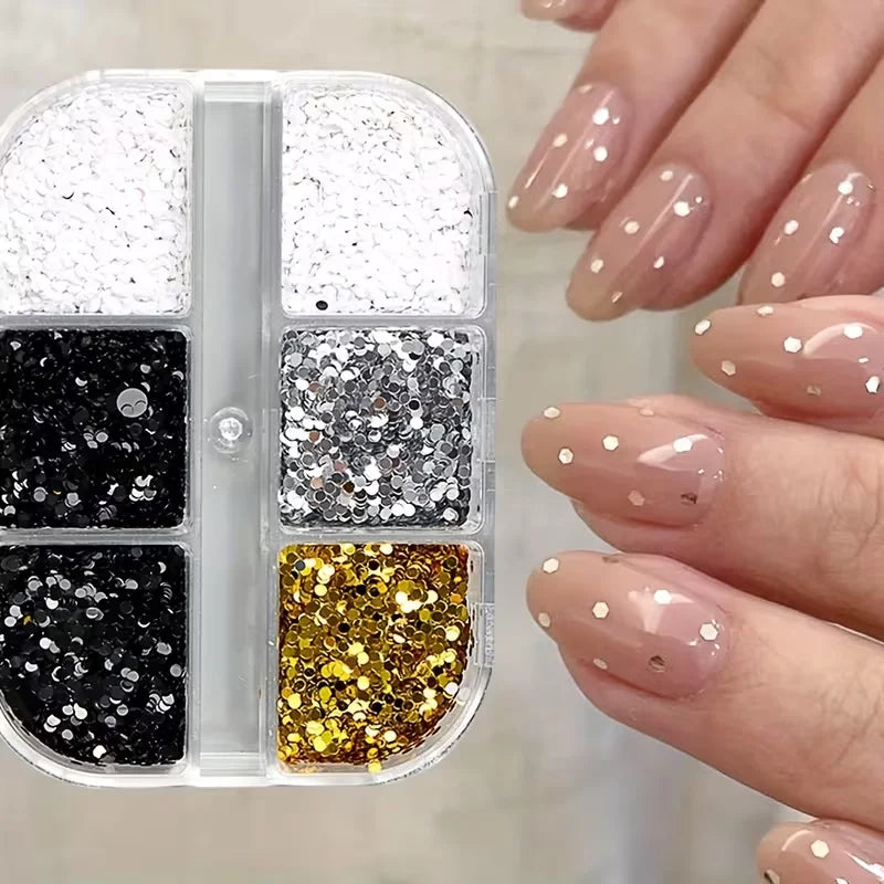 6-compartment Mixed-size Round Nail Art Glitter DIY Charm Decorations Qme