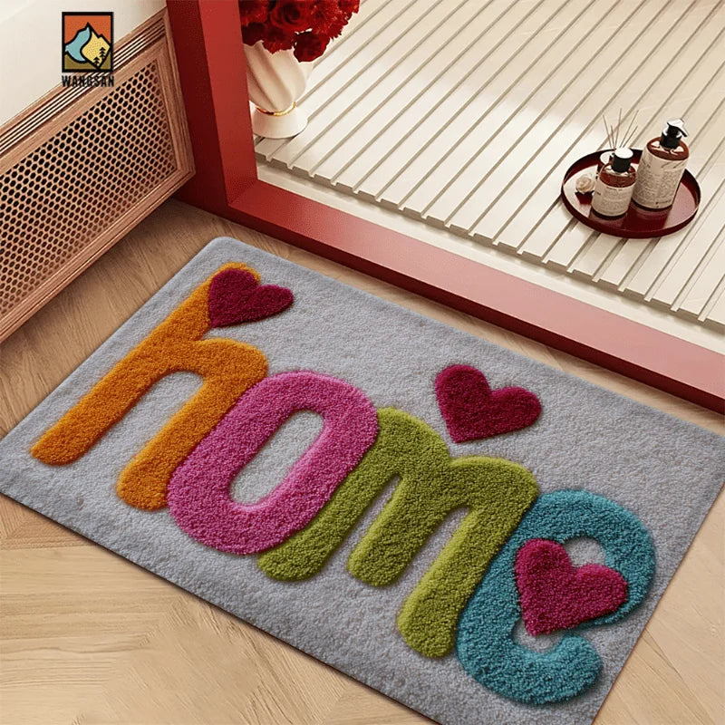 Colorful HOME Letter Heart Shaggy Doormat Soft Absorbent Faux Cashmere Entrance Rug Non Slip Rubber Back Floor Mat Indoor Carpet Qme