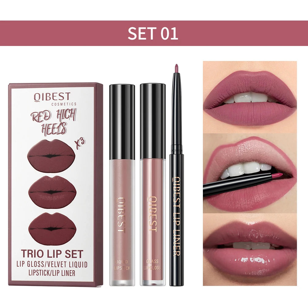 QIBEST Matte Liquid Lipstick&Lip Liner&Lip Gloss 3Pcs Sets Long Lasting Non-stick Cup Red Black Purple Lip Tint Cosmetics Kits Qme 01