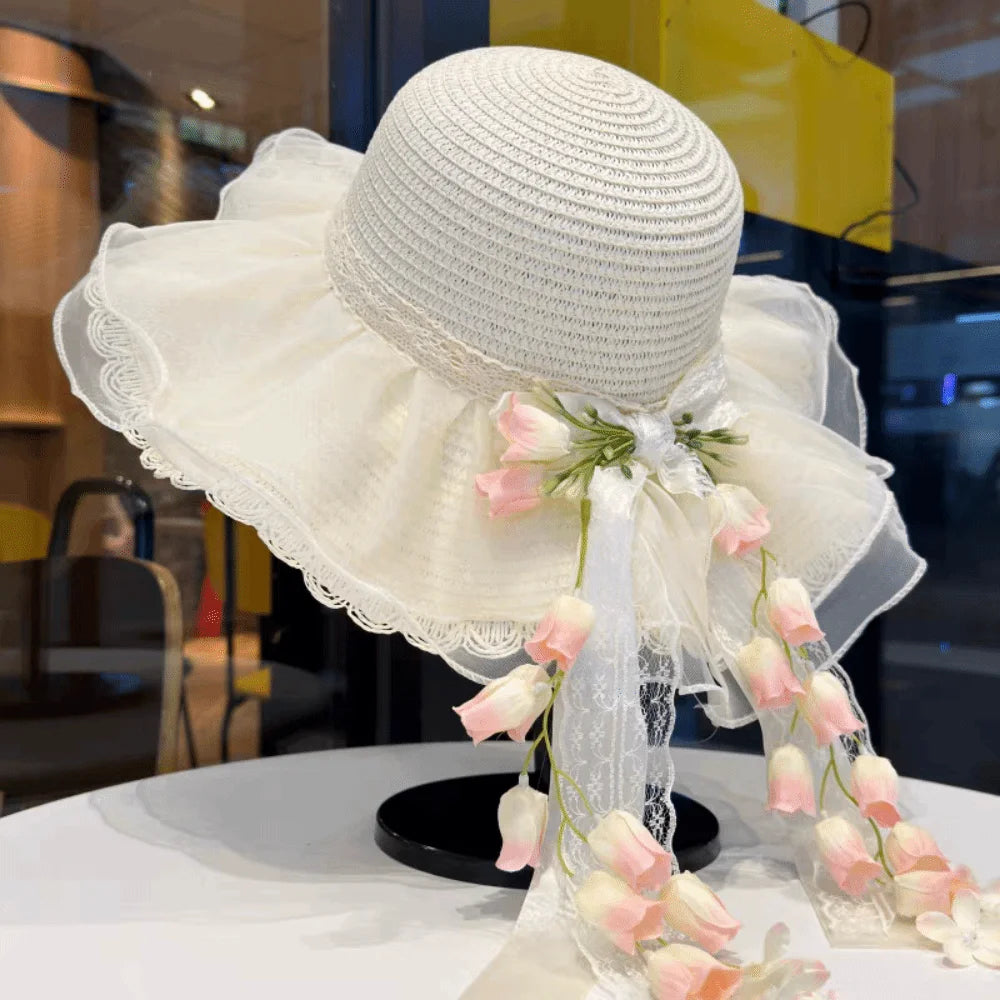 Summer Bonnet Wide Brim Straw Hat Lace Bowknot Floral Tassel Sun Cap Qme Style 2